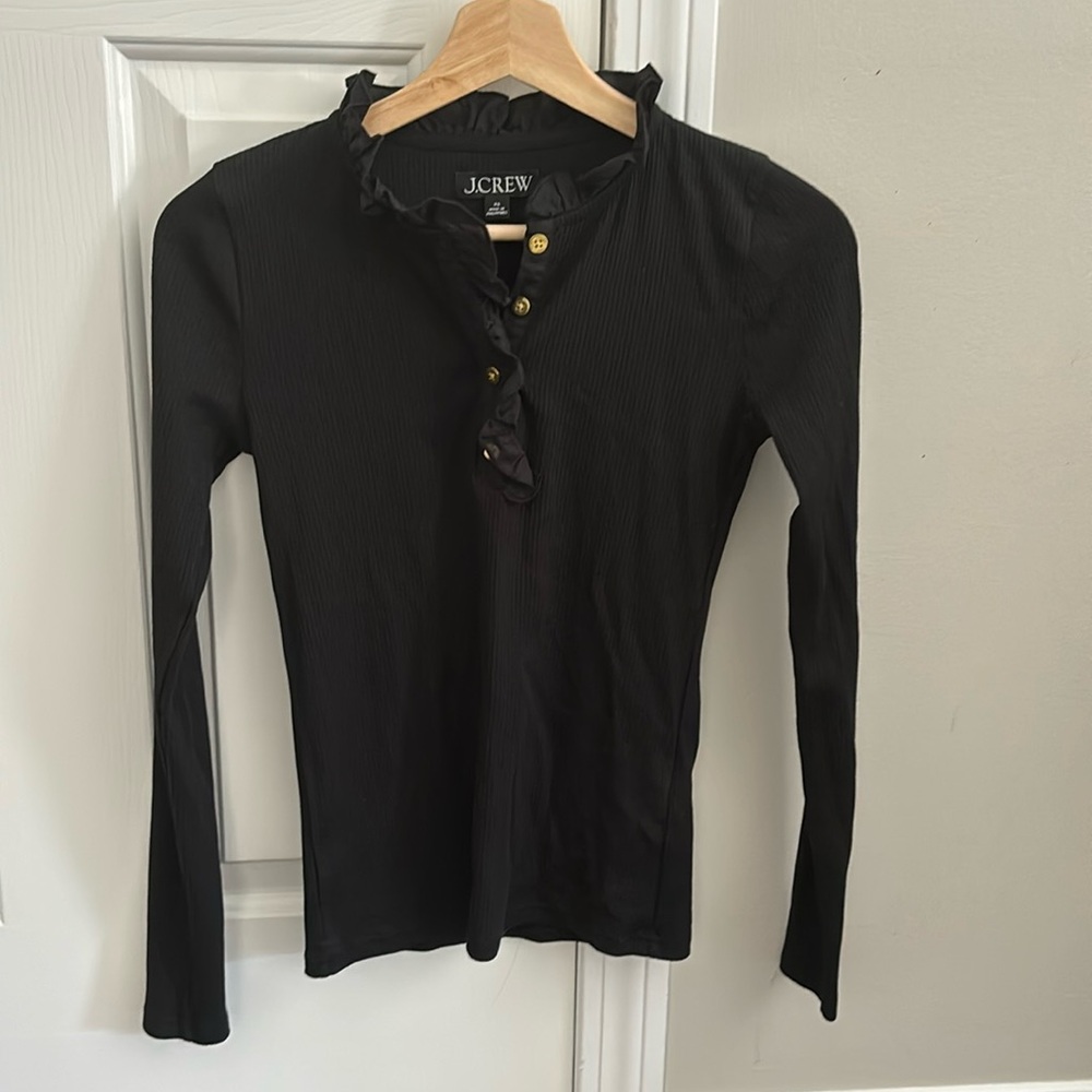J.Crew Long Sleeve Ruffle Neck Ribbed Top - Picture 2 of 4